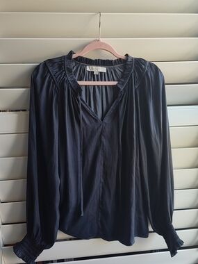 LOFT Grey V-Neck Tie Peasant Blouse